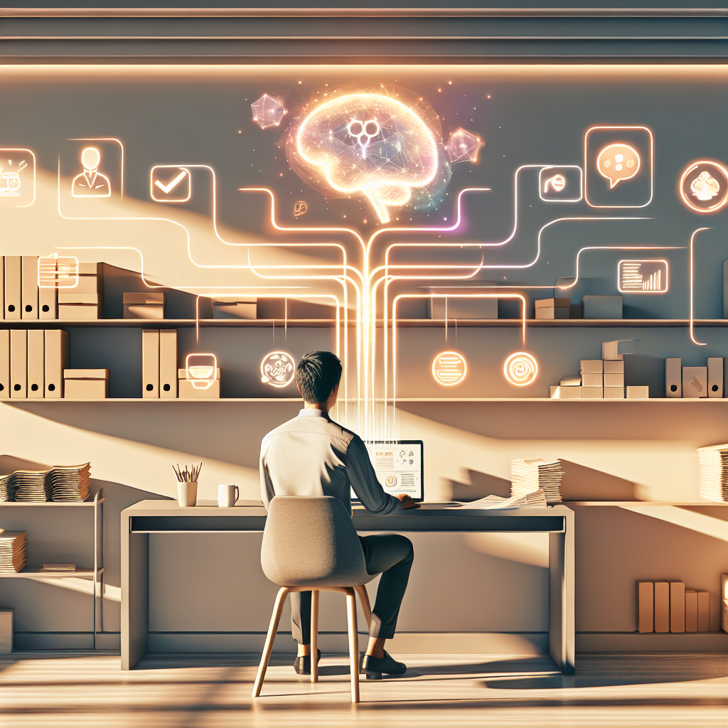 Small business owner using a low‑code drag‑and‑drop workflow interface with AI icons for automated processes and cost‑effective efficiency.